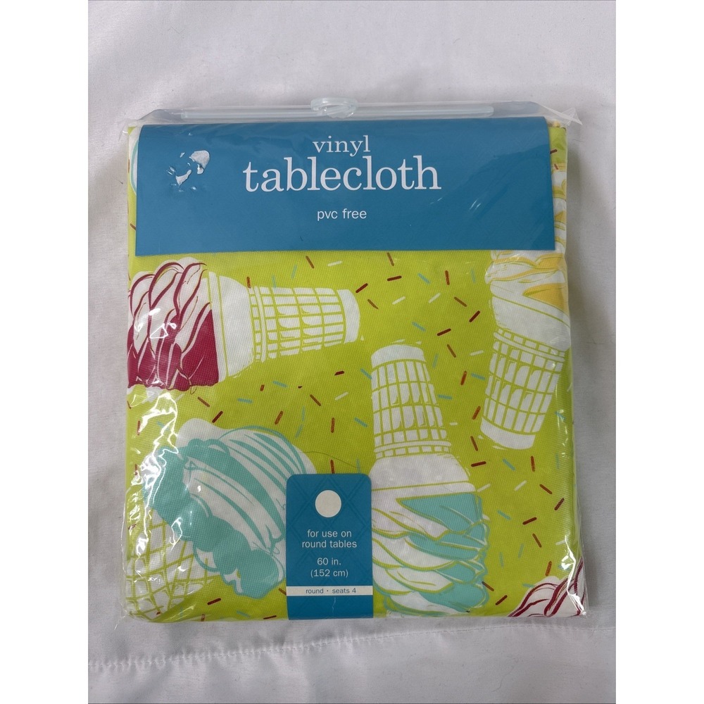 Vinyl Tablecloth PVC Free 60" Round Green Summer Ice Cream Cones Seats 4 NEW